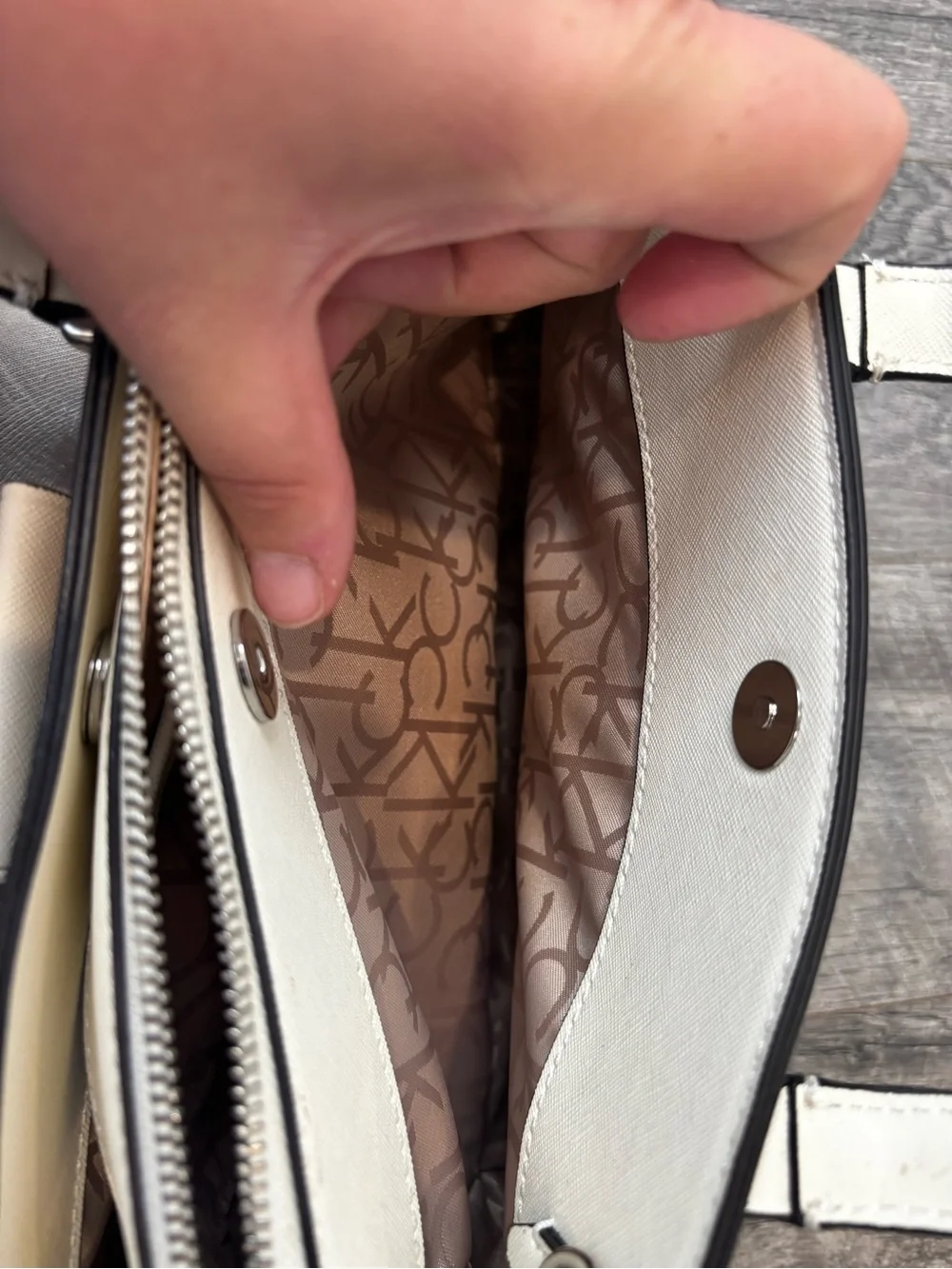 Calvin Klein Cream and Brown Logo-Print Satchel